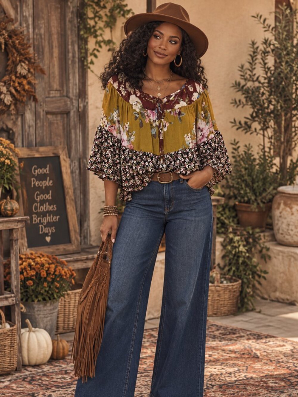 ODDI Mixed Floral Boho Peasant Blouse